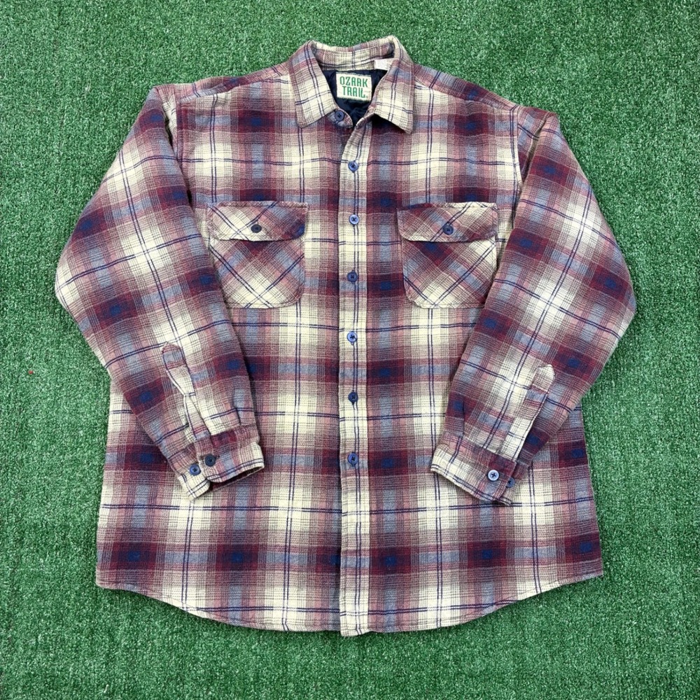 Vintage Ozark Trail Quilted Flannel Shirt Burgundy Plaid XL